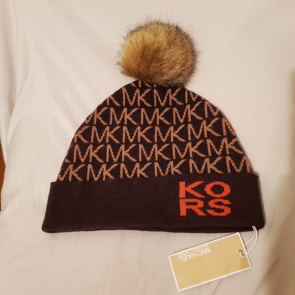 Michael Kors Black and Tan Logo Beanie with Pom-Pom